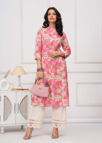 Abstract Floral Printed A-Line Paneled Cotton Flax Kurta - Pink