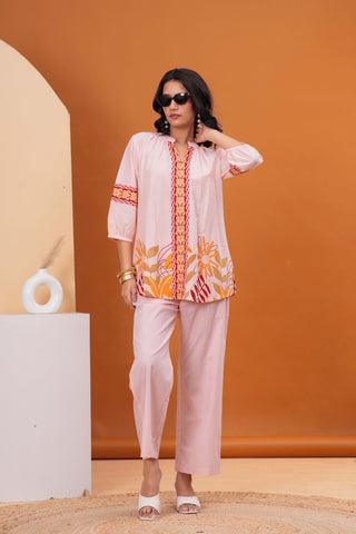 Peach Abstract Floral Printed A-Line Co-ord Set - Set of 2