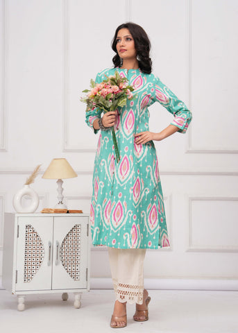 Ikat Printed A-Line Flared Cotton Flax Kurta - Turquoise Blue