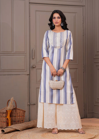 Ethnic Stripes Woven & Sequin Embroidered Straight Fit Kurta