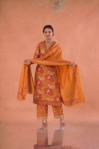 Floral Block Print  Straight Fit Cotton Suit Set -Yellow