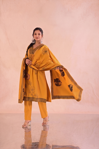 Floral Woven  A-Line Pleated Kurta with Pant &  Dupatta - Mustard