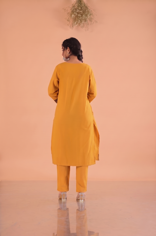 Floral Woven  A-Line Pleated Kurta with Pant &  Dupatta - Mustard