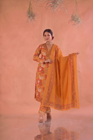 Floral Block Print  Straight Fit Cotton Suit Set -Yellow