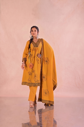 Floral Woven  A-Line Pleated Kurta with Pant &  Dupatta - Mustard