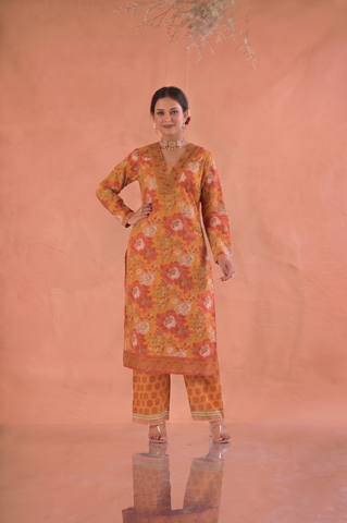 Floral Block Print  Straight Fit Cotton Suit Set -Yellow