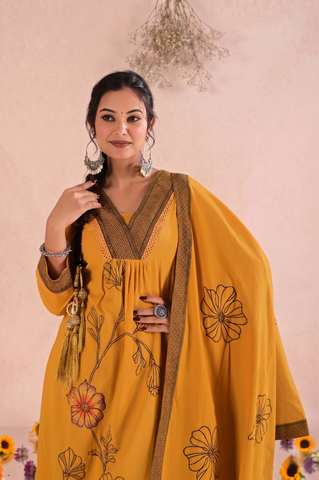 Floral Woven  A-Line Pleated Kurta with Pant &  Dupatta - Mustard