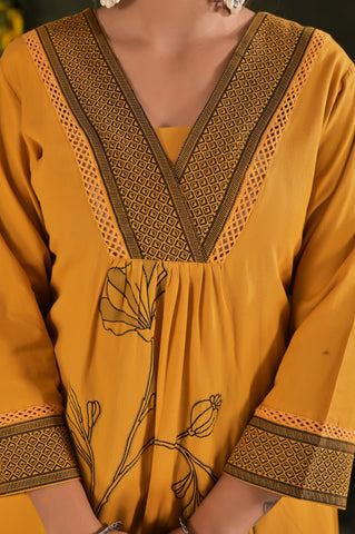 Floral Woven  A-Line Pleated Kurta with Pant &  Dupatta - Mustard