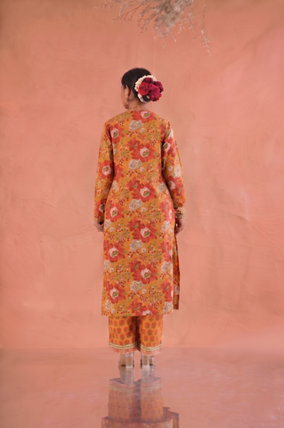 Floral Block Print  Straight Fit Cotton Suit Set -Yellow