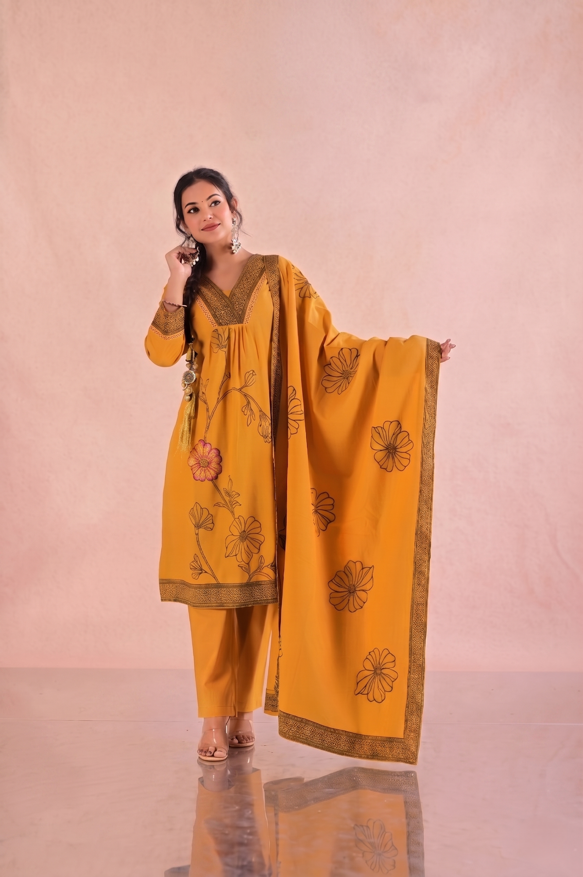 Floral Woven  A-Line Pleated Kurta with Pant &  Dupatta - Mustard