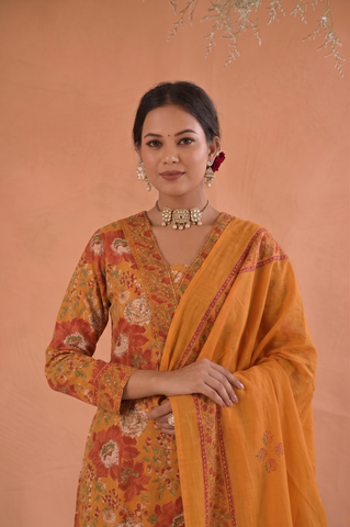 Floral Block Print  Straight Fit Cotton Suit Set -Yellow