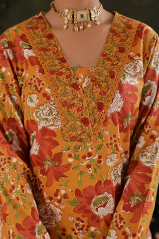 Floral Block Print  Straight Fit Cotton Suit Set -Yellow