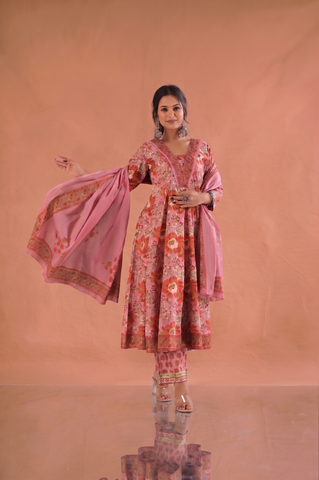 Floral Block Print Anarkali Cotton Suit Set - Pink