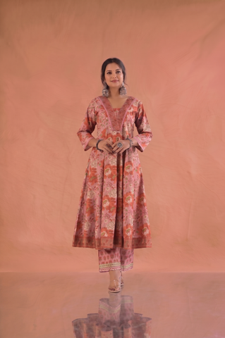 Floral Block Print Anarkali Cotton Suit Set - Pink