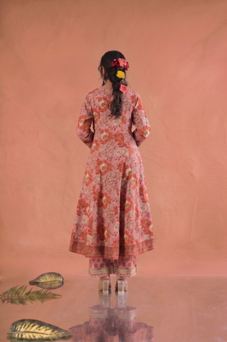 Floral Block Print Anarkali Cotton Suit Set - Pink