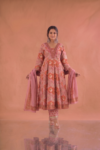 Floral Block Print Anarkali Cotton Suit Set - Pink