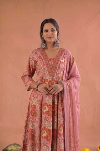 Floral Block Print Anarkali Cotton Suit Set - Pink