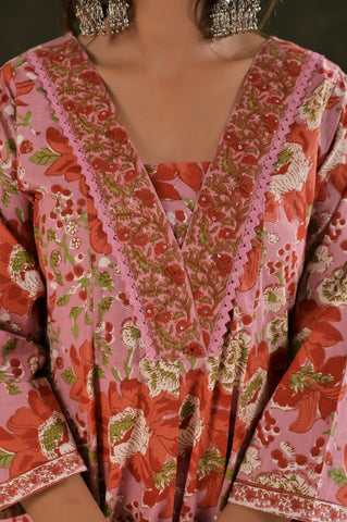 Floral Block Print Anarkali Cotton Suit Set - Pink