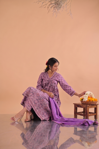 Floral Block Print Anarkali Gathered Cotton Suit Set - Purple