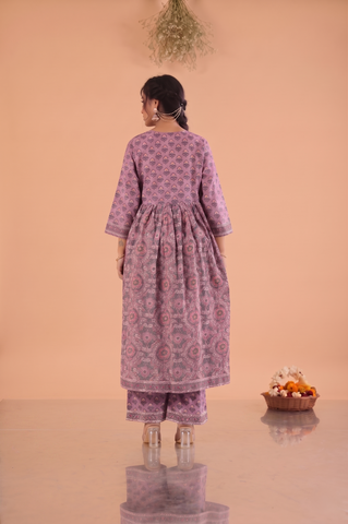 Floral Block Print Anarkali Gathered Cotton Suit Set - Purple