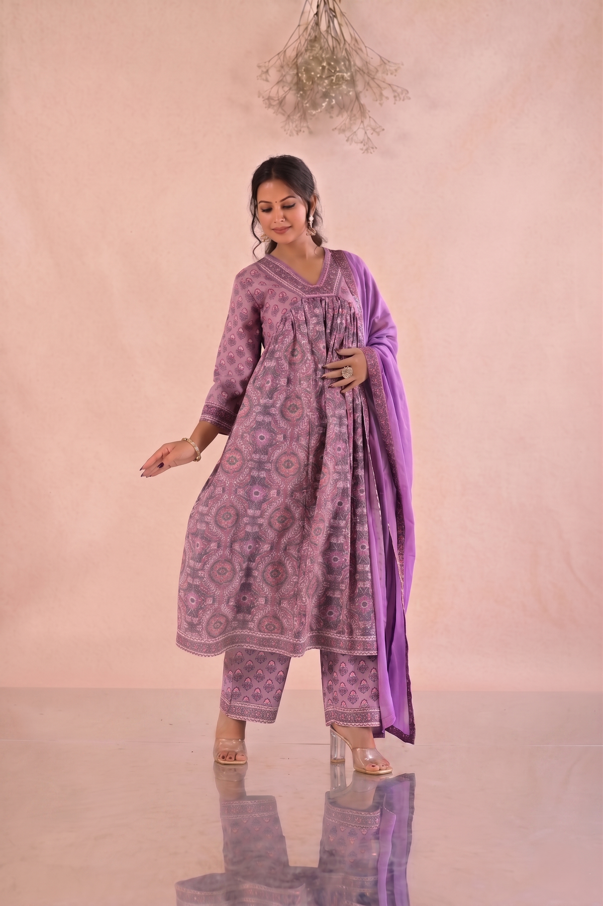 Floral Block Print Anarkali Gathered Cotton Suit Set - Purple