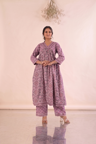 Floral Block Print Anarkali Gathered Cotton Suit Set - Purple