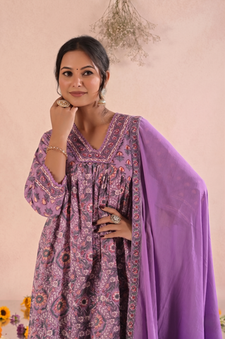 Floral Block Print Anarkali Gathered Cotton Suit Set - Purple