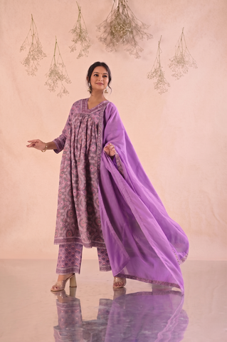 Floral Block Print Anarkali Gathered Cotton Suit Set - Purple