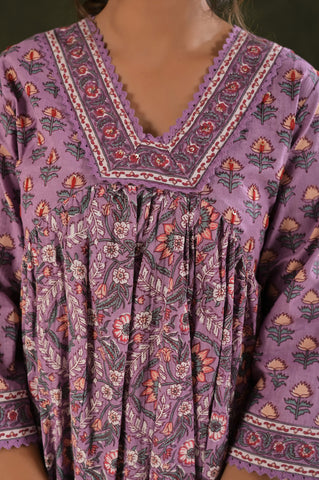 Floral Block Print Anarkali Gathered Cotton Suit Set - Purple