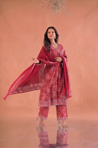 Paisley Hand Block Print Cotton Suit Set - Red