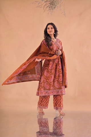 Paisley Hand Block Print Cotton Suit Set - Rust