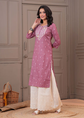 Ethnic Woven & Mirror Embroidered Straight Fit Kurta - Pink