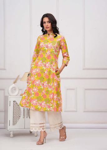 Abstract Floral Printed A-Line Paneled Cotton Flax Kurta - Lime Green