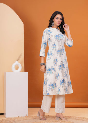 Floral Printed A-Line Flared Cotton Flax Kurta - Off White