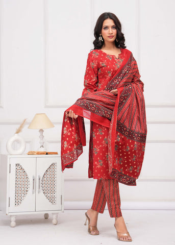 Floral & Stripes Printed Straight Kurta with Pant & Pure Cotton Dupatta - Red