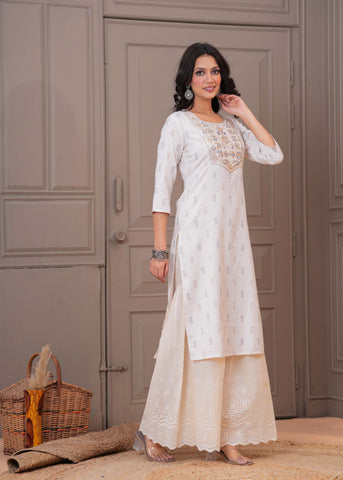 Ethnic Woven & Mirror Embroidered Straight Fit Kurta - Off White