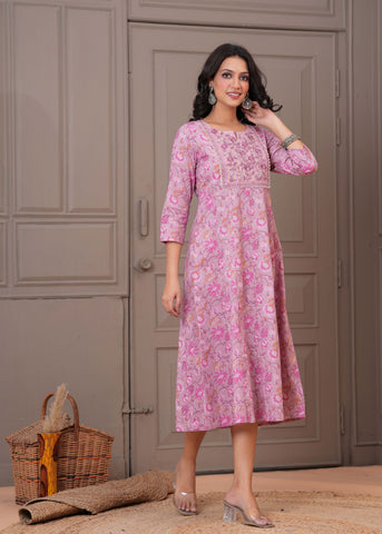 Floral Printed & Embroidered Anarkali Maxi Dress - Pink