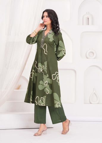 Green Abstract Embroidered A-Line Kurta with Palazzo - Set of 2