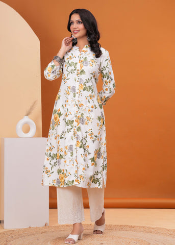 Floral Printed A-Line Flared Cotton Flax Kurta - Off White