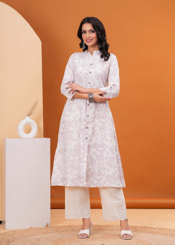 Ethnic Floral Printed A-Line Flared Cotton Flax Kurta - Off White
