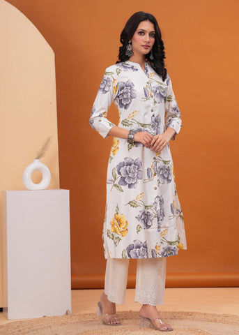 Abstract Floral Printed A-Line Flared Cotton Flax Kurta - Off White