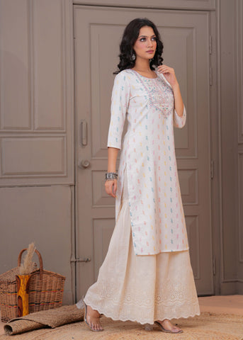 Ethnic Woven & Resham Embroidered Straight Fit Kurta - Off White