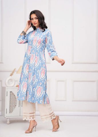 Ikat Printed A-Line Flared Cotton Flax Kurta - Blue