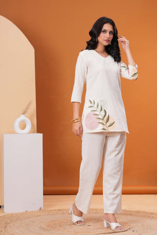 Solid Abstract Embroidered Straight Fit Cotton Flax Co-ord Set - White