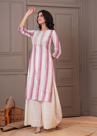 Ethnic Stripes Woven & Sequin Embroidered Straight Fit Kurta