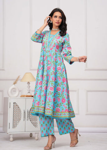 Blue Floral Printed Anarkali Cotton Suit  - Set of 3