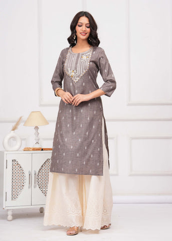 Ethnic Woven & Mirror Embroidered Straight Fit Kurta - Grey