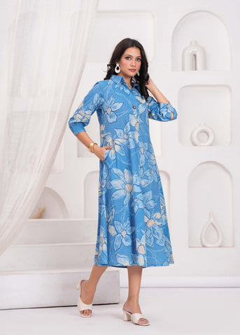 Blue Abstract Floral Printed  Flared Maxi Dress