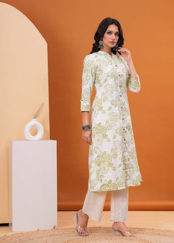 Ethnic Floral Printed A-Line Flared Cotton Flax Kurta - Off White