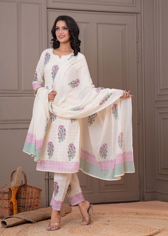 Floral Block Printed Schiffli Kurta with Pant & Pure Cotton Dupatta - Cream